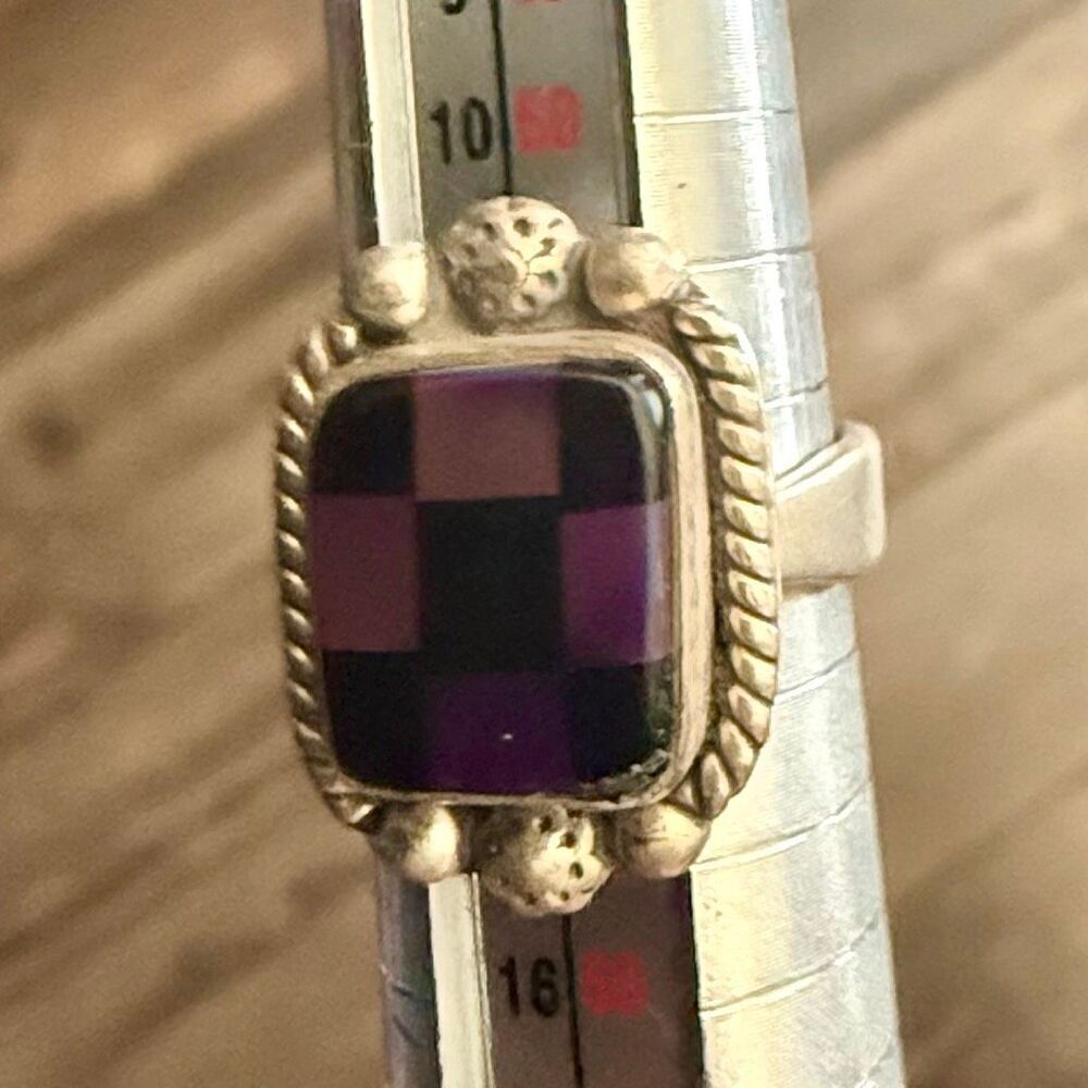 Southwest Aurora Opal & Onyx Checkerboard Sterling Silver Boho Adjustable Ring